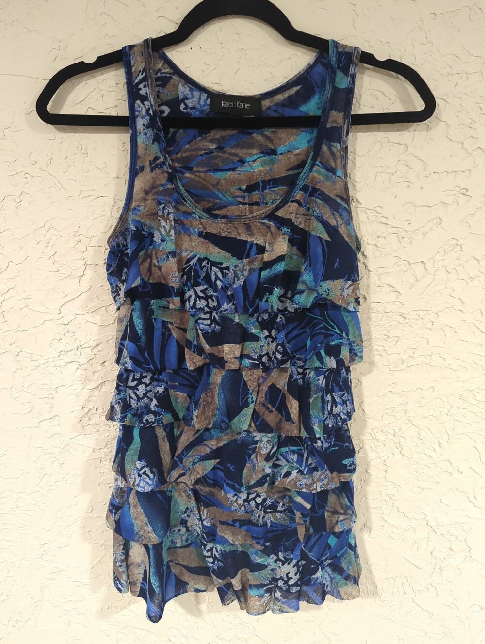 Karen Kane Blue Floral Tiered Ruffle Tank Top Women's Medium Whimsy Fairy